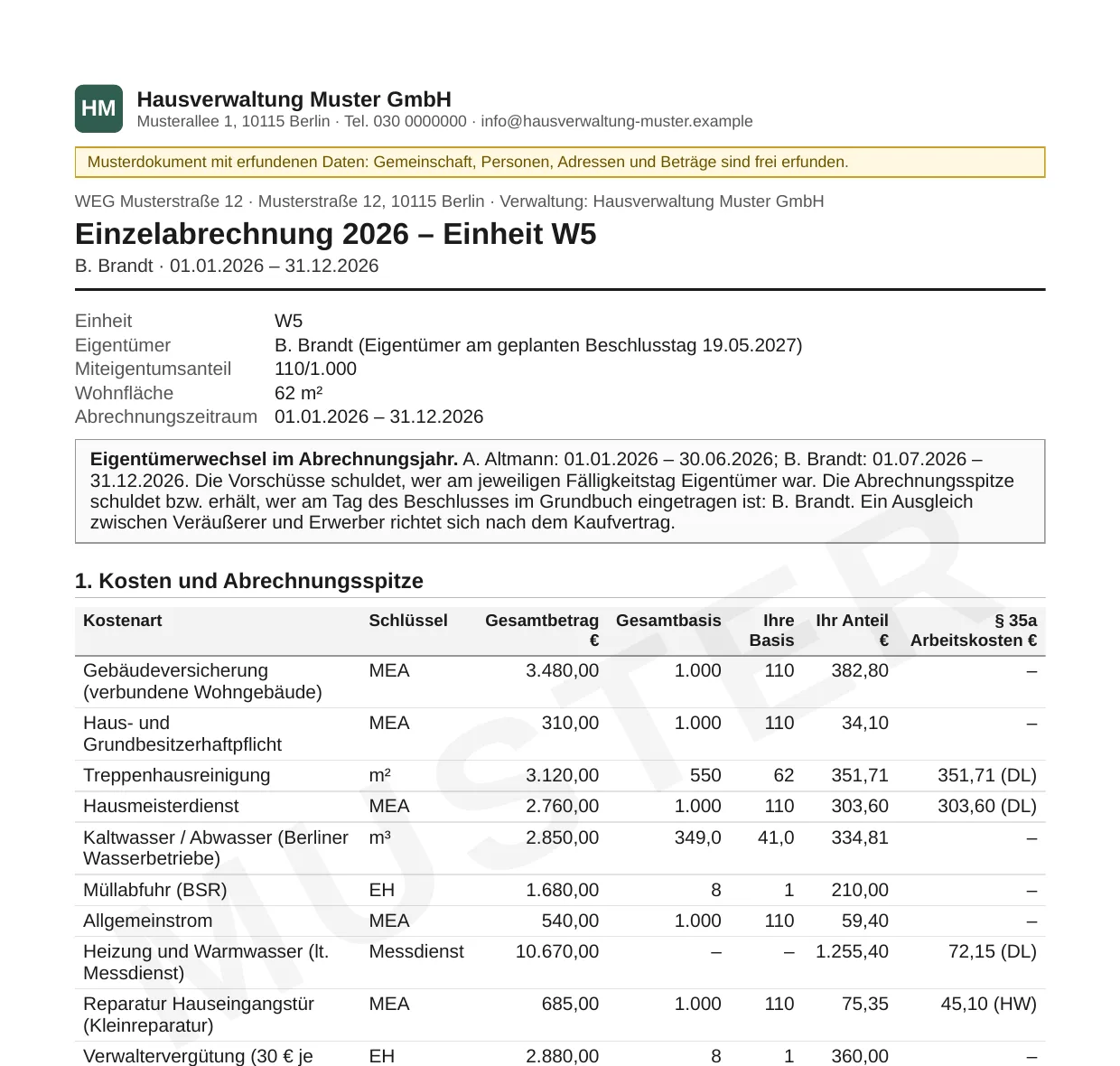 Einzelabrechnung 2026 für Einheit W5 mit Briefkopf der Verwaltung, Kostenaufstellung und Abrechnungsspitze